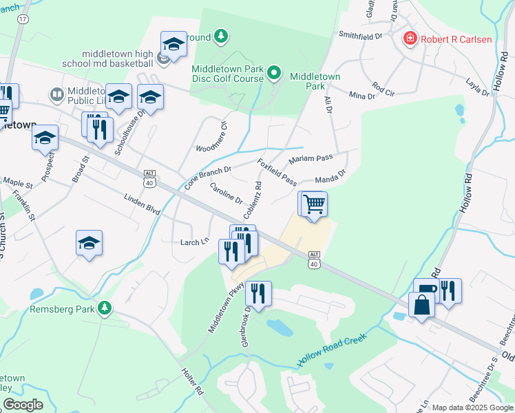 map of restaurants, bars, coffee shops, grocery stores, and more near 711 Coblentz Road in Middletown