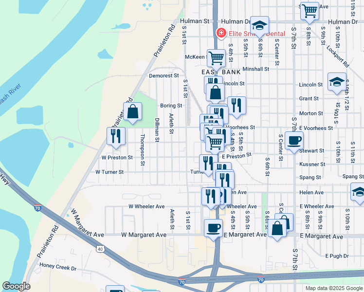 map of restaurants, bars, coffee shops, grocery stores, and more near 2-48 W Preston St in Terre Haute