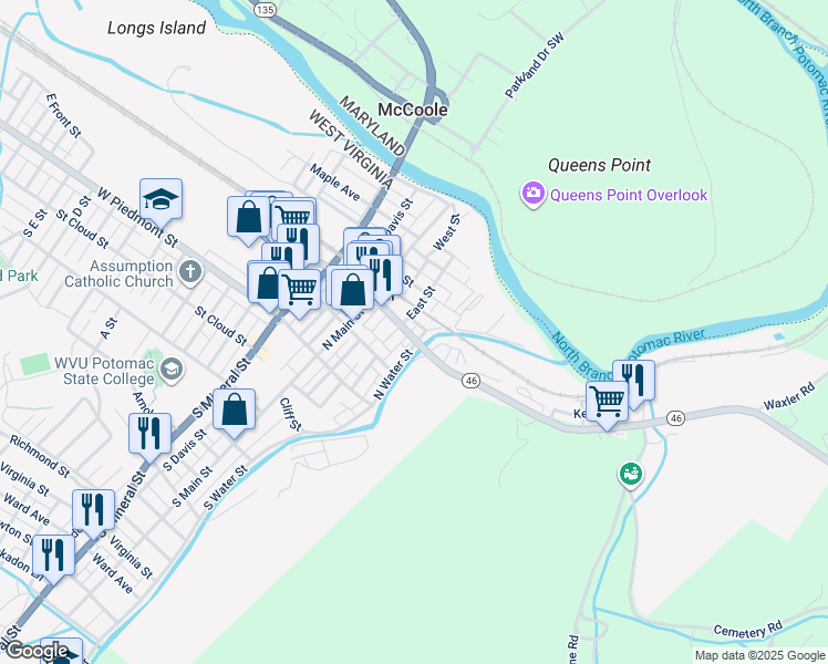 map of restaurants, bars, coffee shops, grocery stores, and more near 191 Armstrong Street in Keyser