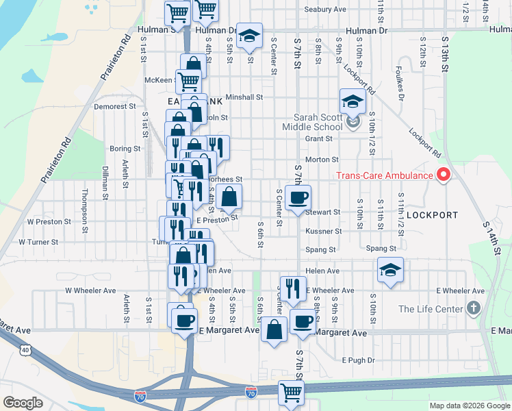 map of restaurants, bars, coffee shops, grocery stores, and more near 2517 South 6th Street in Terre Haute