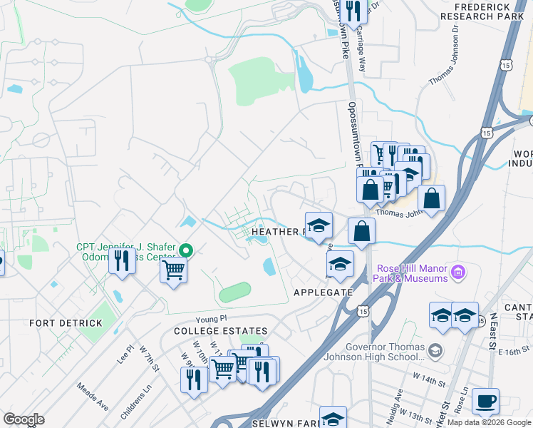 map of restaurants, bars, coffee shops, grocery stores, and more near 600 Heather Ridge Drive in Frederick