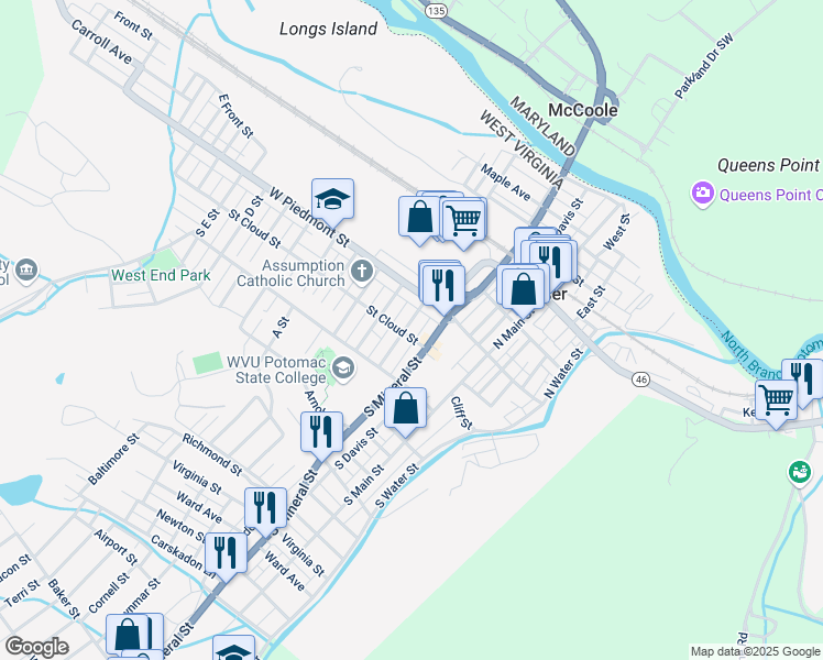 map of restaurants, bars, coffee shops, grocery stores, and more near 55 Orchard Street in Keyser