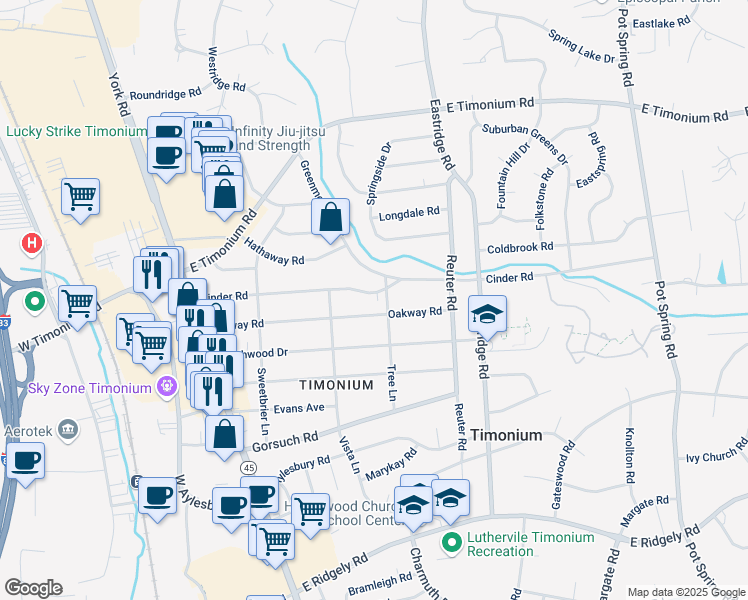 map of restaurants, bars, coffee shops, grocery stores, and more near 67 Cinder Road in Timonium