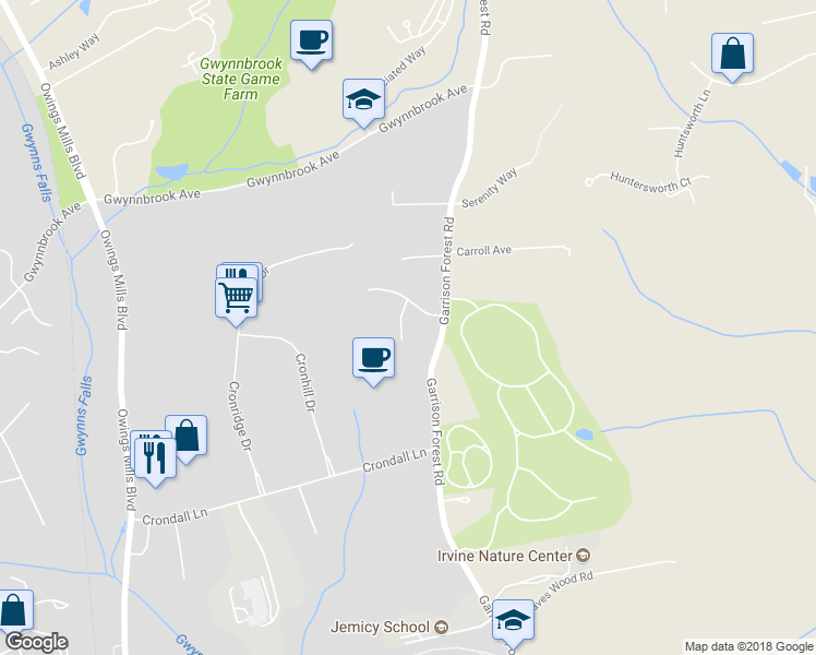 map of restaurants, bars, coffee shops, grocery stores, and more near 3 Deer Stream Court in Owings Mills