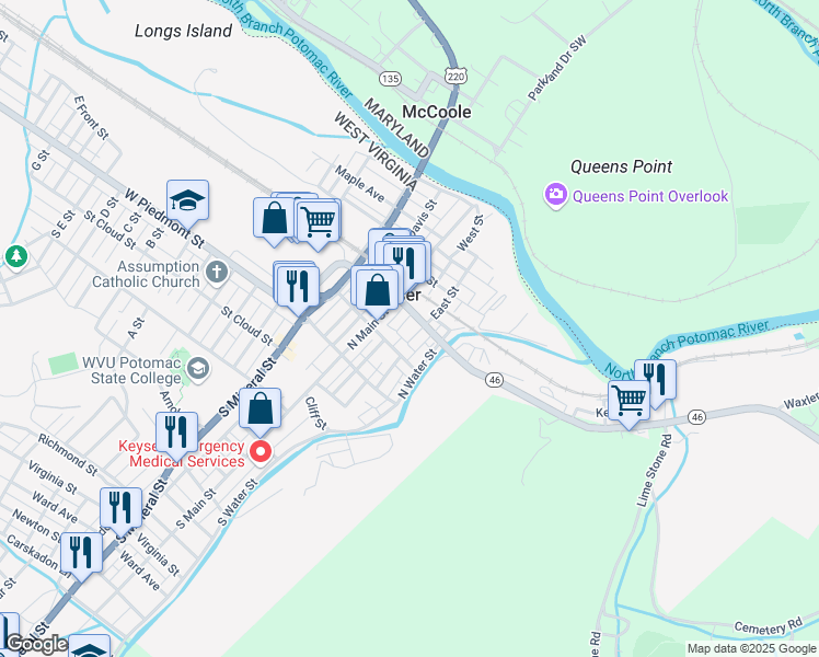 map of restaurants, bars, coffee shops, grocery stores, and more near 150 Armstrong Street in Keyser
