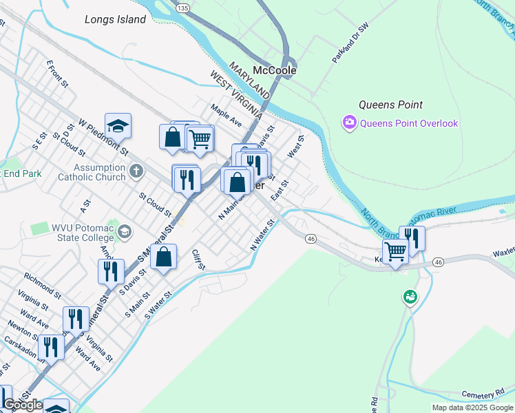 map of restaurants, bars, coffee shops, grocery stores, and more near 150 Armstrong Street in Keyser
