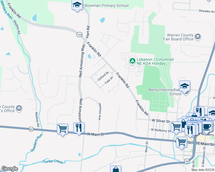 map of restaurants, bars, coffee shops, grocery stores, and more near 792 Harvard Drive in Lebanon