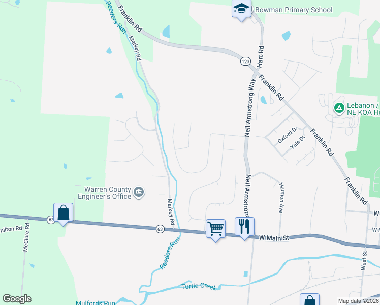 map of restaurants, bars, coffee shops, grocery stores, and more near 458 Calumet Farms Drive in Lebanon