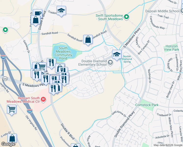 map of restaurants, bars, coffee shops, grocery stores, and more near 9646 Otter Way in Reno