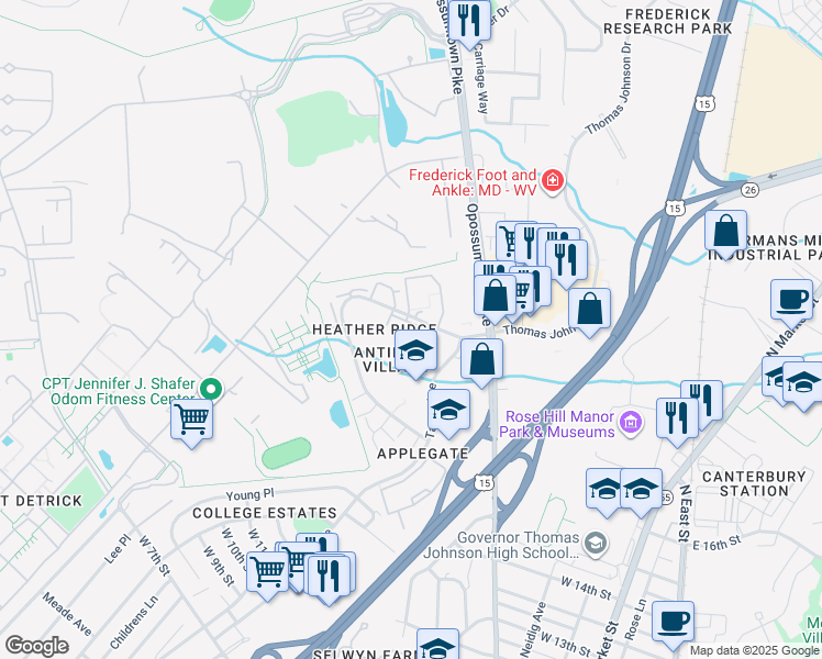 map of restaurants, bars, coffee shops, grocery stores, and more near 997 Heather Ridge Drive in Frederick