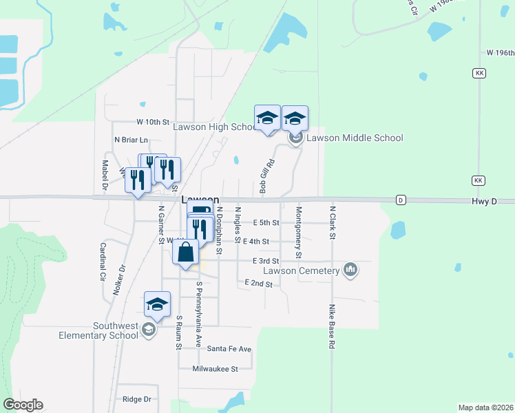 map of restaurants, bars, coffee shops, grocery stores, and more near 337 East 5th Street in Lawson