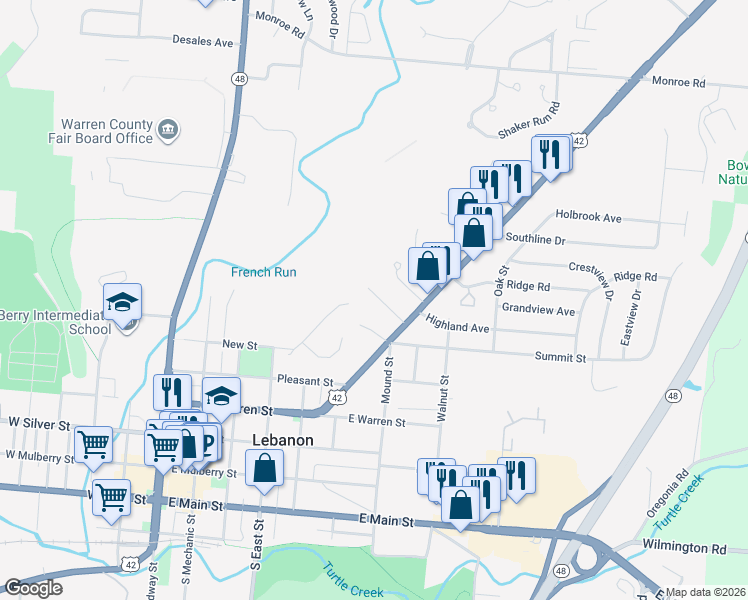 map of restaurants, bars, coffee shops, grocery stores, and more near 463 Columbus Avenue in Lebanon