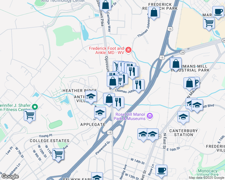map of restaurants, bars, coffee shops, grocery stores, and more near 196 Thomas Johnson Drive in Frederick