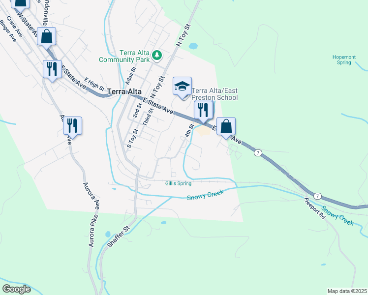 map of restaurants, bars, coffee shops, grocery stores, and more near 106-110 4th St in Terra Alta
