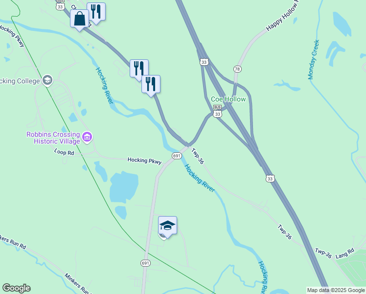 map of restaurants, bars, coffee shops, grocery stores, and more near 16055 Twp-36 in Nelsonville