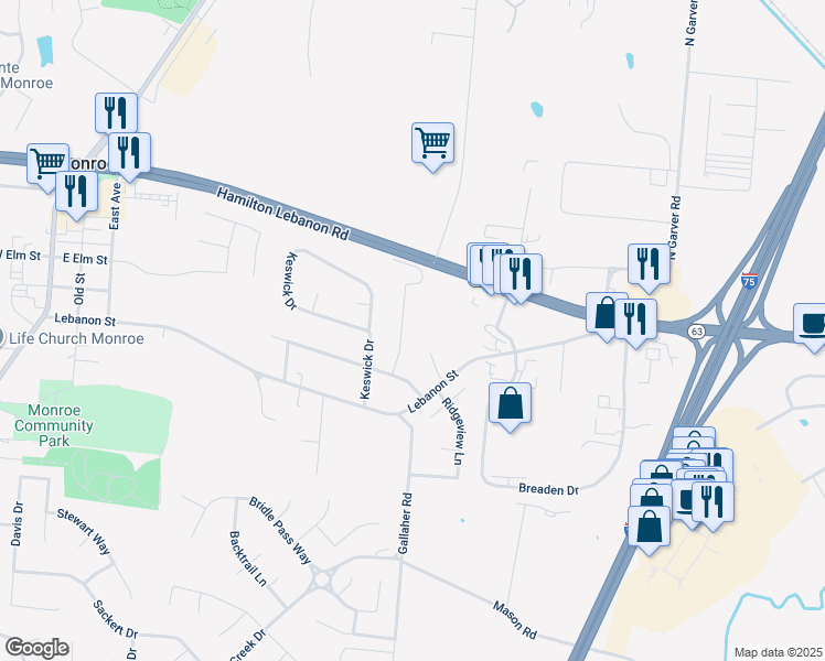 map of restaurants, bars, coffee shops, grocery stores, and more near 750 Lebanon Street in Monroe