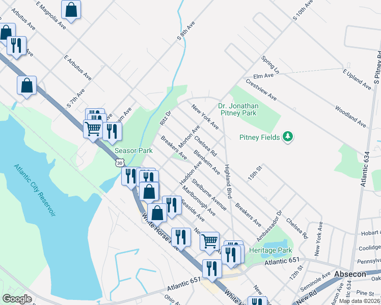 map of restaurants, bars, coffee shops, grocery stores, and more near 1007 Blenheim Avenue in Absecon