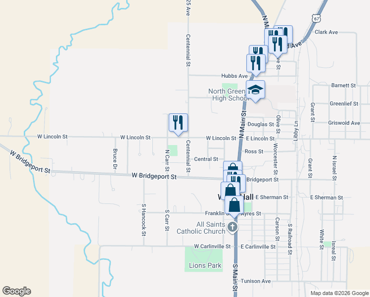 map of restaurants, bars, coffee shops, grocery stores, and more near 301-399 Centennial Street in White Hall