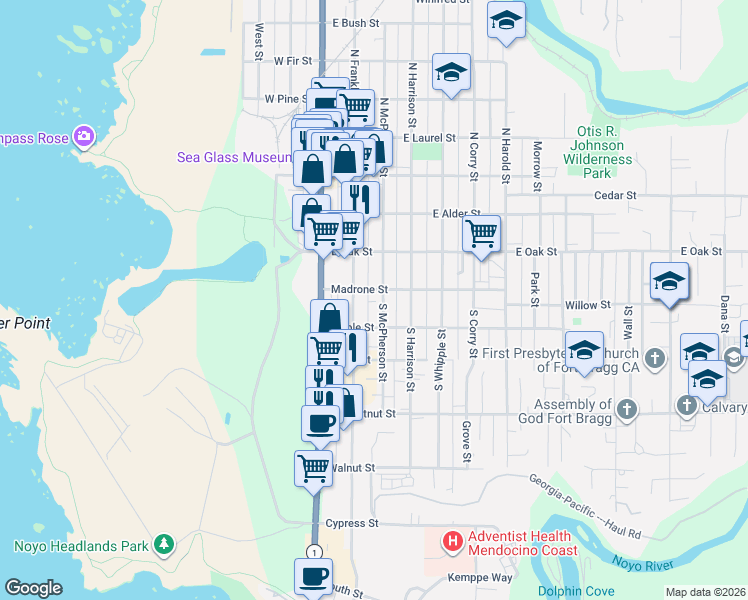 map of restaurants, bars, coffee shops, grocery stores, and more near 250 South Franklin Street in Fort Bragg