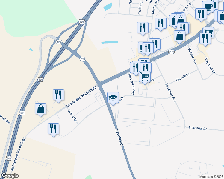 map of restaurants, bars, coffee shops, grocery stores, and more near 224 Celebration Court in Middletown