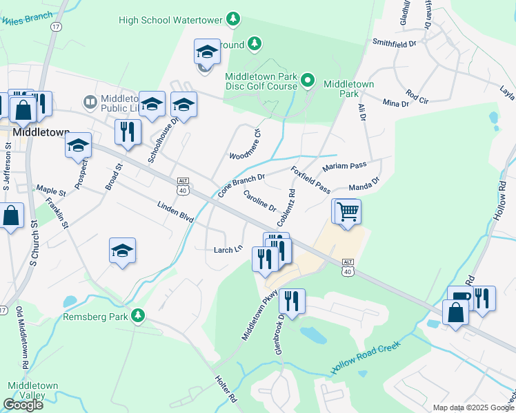 map of restaurants, bars, coffee shops, grocery stores, and more near 7 Caroline Drive in Middletown