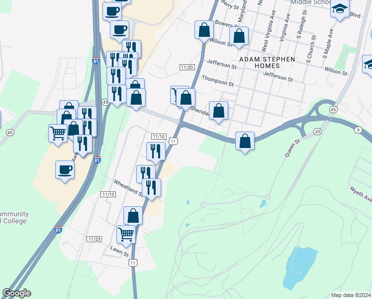 map of restaurants, bars, coffee shops, grocery stores, and more near 1140 Winchester Avenue in Martinsburg