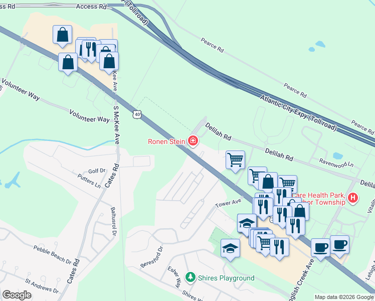 map of restaurants, bars, coffee shops, grocery stores, and more near 3876 East Black Horse Pike in Egg Harbor Township