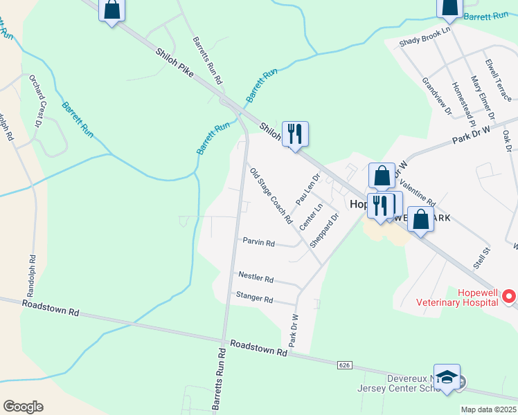 map of restaurants, bars, coffee shops, grocery stores, and more near 40 Old Stage Coach Road in Bridgeton