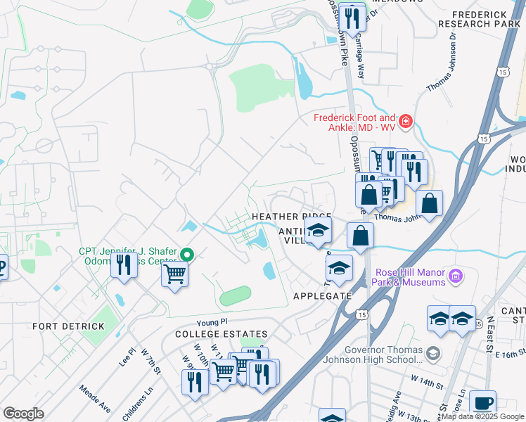map of restaurants, bars, coffee shops, grocery stores, and more near 650 Heather Ridge Drive in Frederick