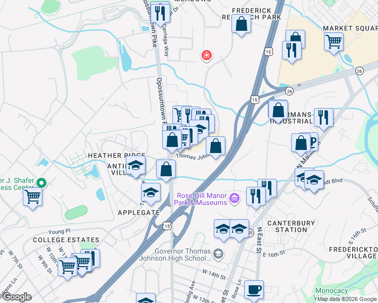 map of restaurants, bars, coffee shops, grocery stores, and more near 195 Thomas Johnson Drive in Frederick