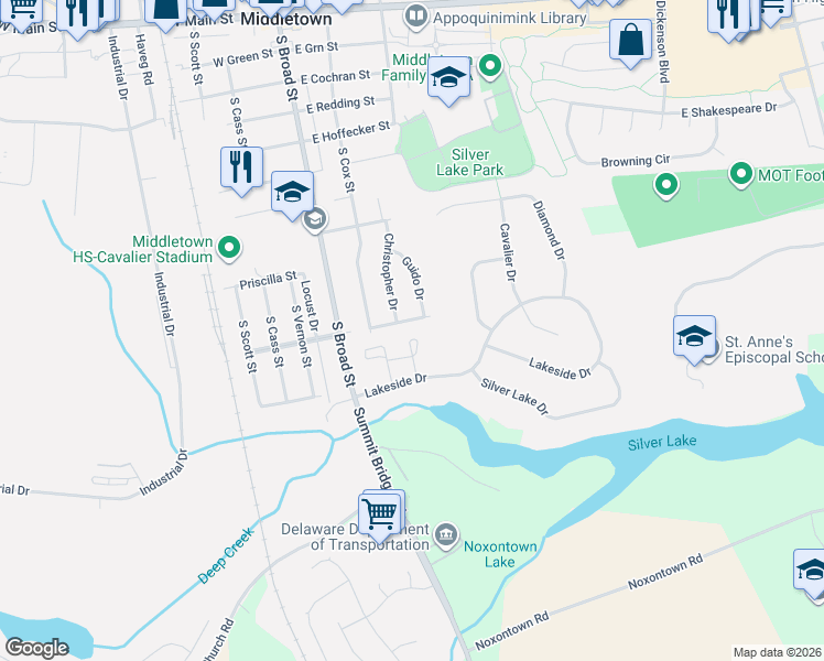 map of restaurants, bars, coffee shops, grocery stores, and more near Beckington Court in Middletown
