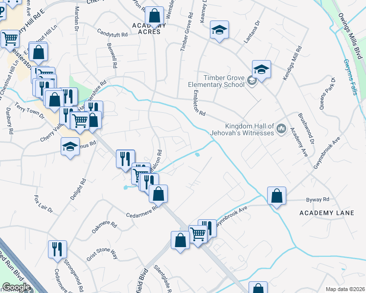 map of restaurants, bars, coffee shops, grocery stores, and more near 1 Meridian Lane in Owings Mills