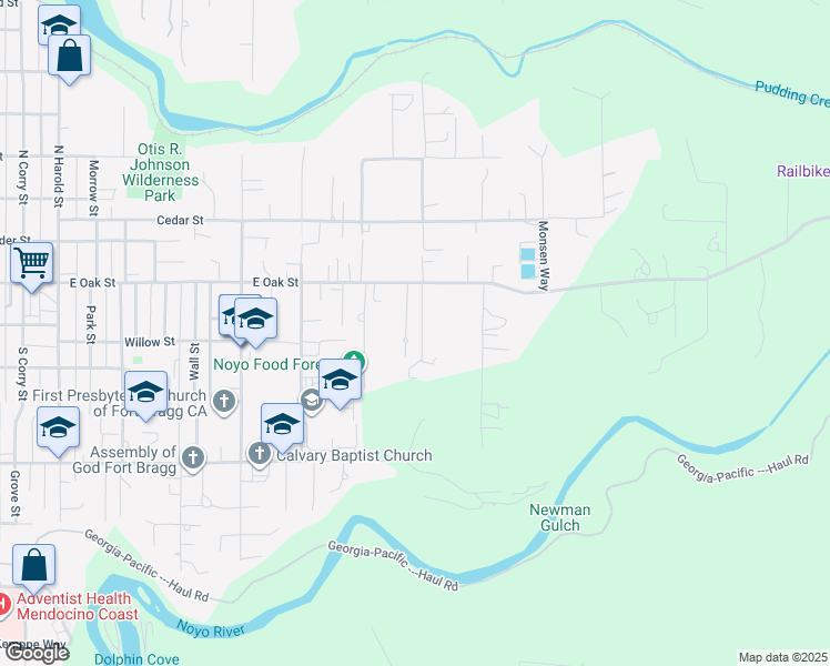 map of restaurants, bars, coffee shops, grocery stores, and more near 170 Hocker Lane in Fort Bragg