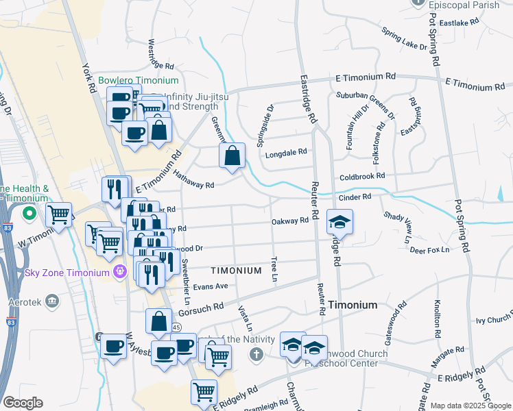 map of restaurants, bars, coffee shops, grocery stores, and more near 78 Cinder Road in Lutherville-Timonium