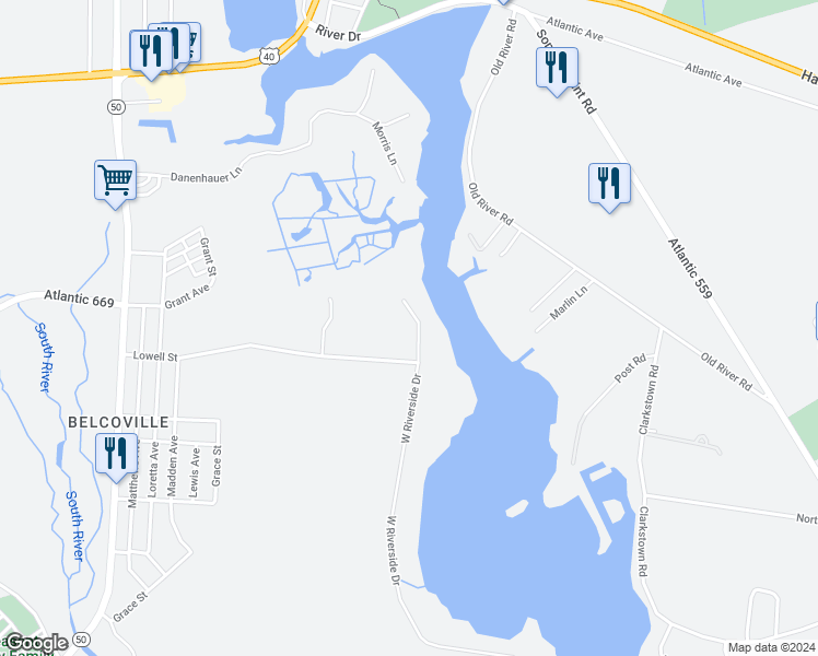 map of restaurants, bars, coffee shops, grocery stores, and more near 1104 West Riverside Drive in Atlantic County