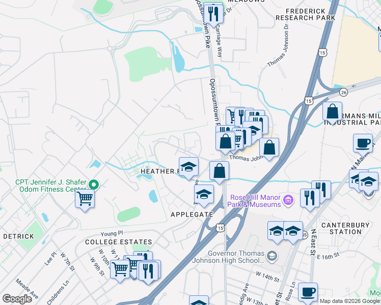 map of restaurants, bars, coffee shops, grocery stores, and more near 818 Heather Ridge Drive in Frederick
