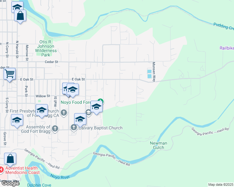 map of restaurants, bars, coffee shops, grocery stores, and more near 170 Hocker Lane in Fort Bragg