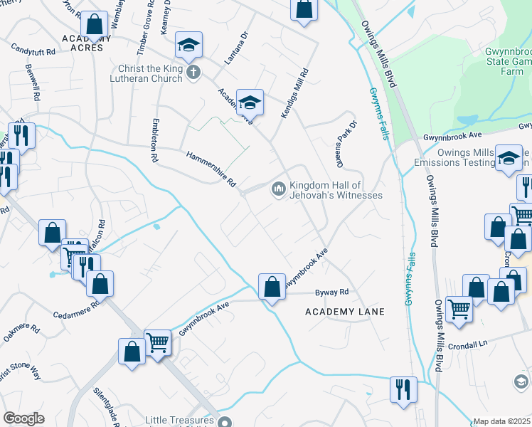 map of restaurants, bars, coffee shops, grocery stores, and more near 15 Samantha Court in Owings Mills