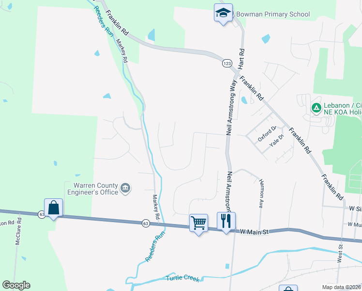 map of restaurants, bars, coffee shops, grocery stores, and more near 155 Clubhouse Lane in Lebanon