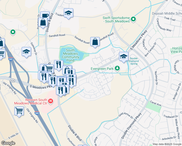 map of restaurants, bars, coffee shops, grocery stores, and more near 822 South Meadows Parkway in Reno