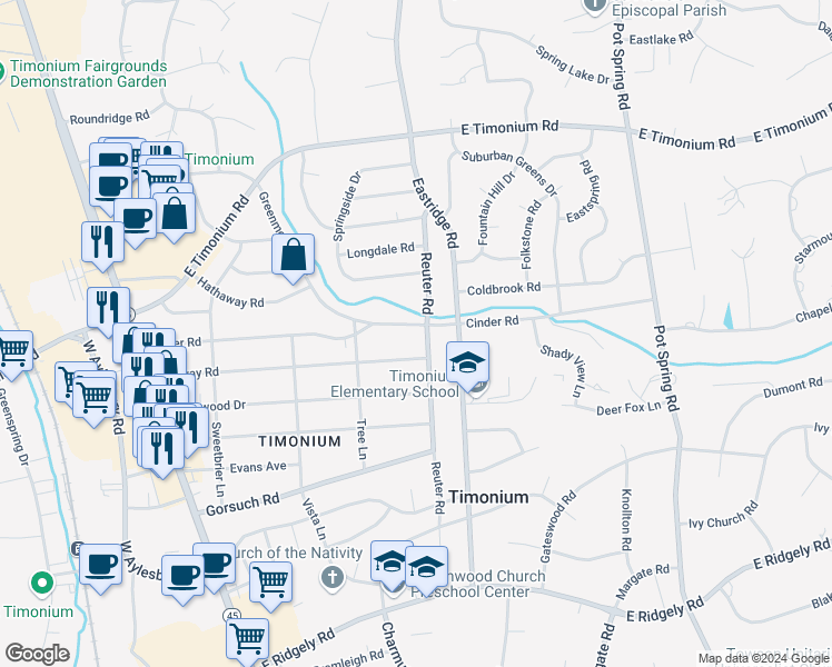 map of restaurants, bars, coffee shops, grocery stores, and more near 125 Cinder Road in Timonium