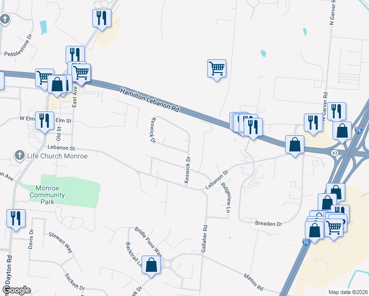 map of restaurants, bars, coffee shops, grocery stores, and more near 385 Keswick Drive in Monroe