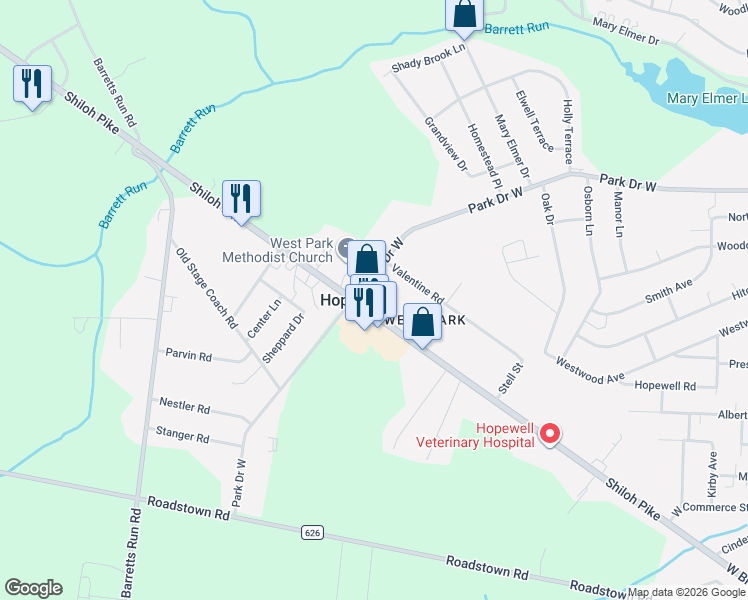 map of restaurants, bars, coffee shops, grocery stores, and more near 262 Park Drive West in Bridgeton