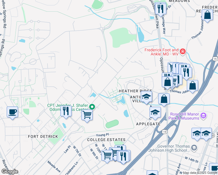 map of restaurants, bars, coffee shops, grocery stores, and more near 1542 Porter Street in Frederick