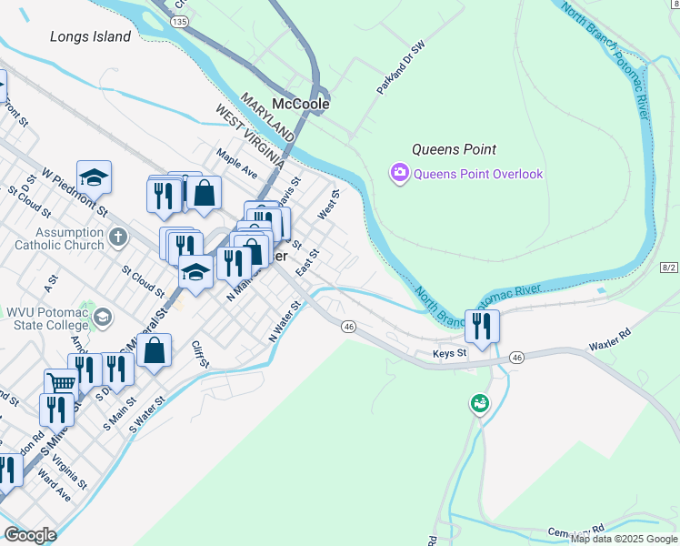 map of restaurants, bars, coffee shops, grocery stores, and more near 241 Mozelle Street in Keyser
