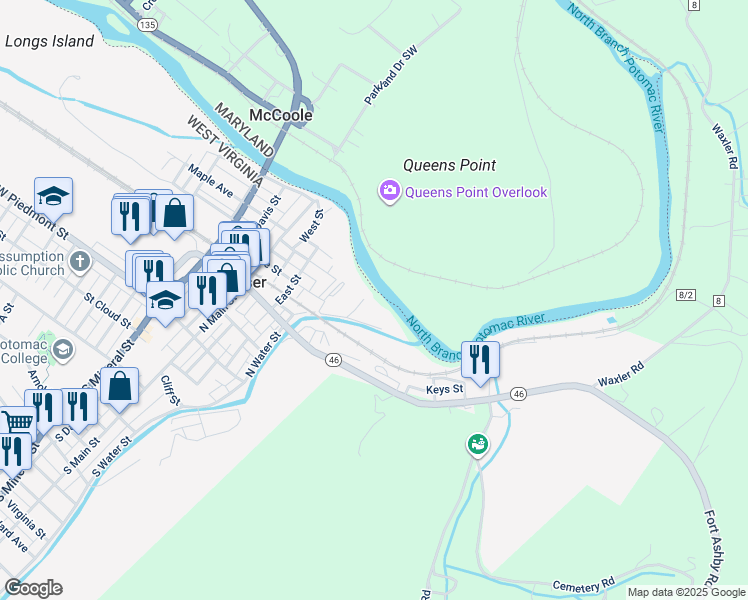 map of restaurants, bars, coffee shops, grocery stores, and more near 241 Mozelle Street in Keyser