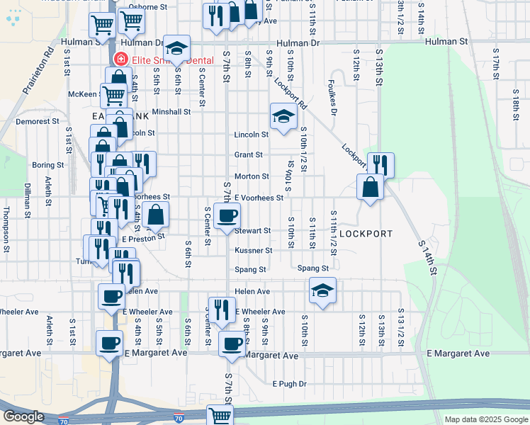 map of restaurants, bars, coffee shops, grocery stores, and more near 2417 South 9th Street in Terre Haute