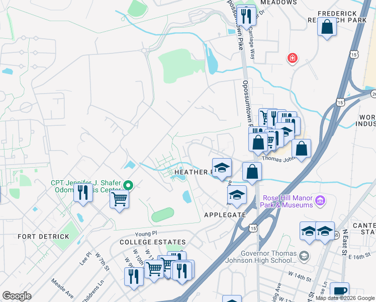 map of restaurants, bars, coffee shops, grocery stores, and more near 683 Heather Ridge Drive in Frederick