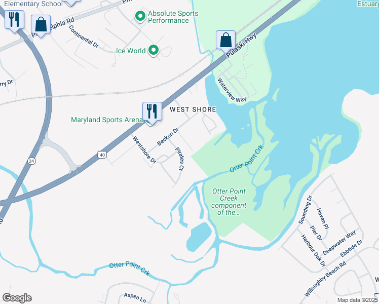 map of restaurants, bars, coffee shops, grocery stores, and more near 1006 Agate Drive in Edgewood