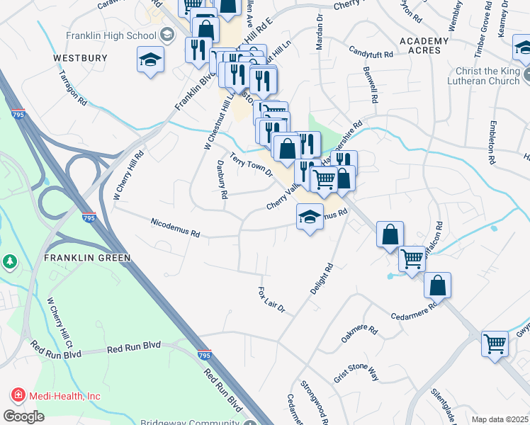 map of restaurants, bars, coffee shops, grocery stores, and more near 111 Cherry Valley Road in Reisterstown